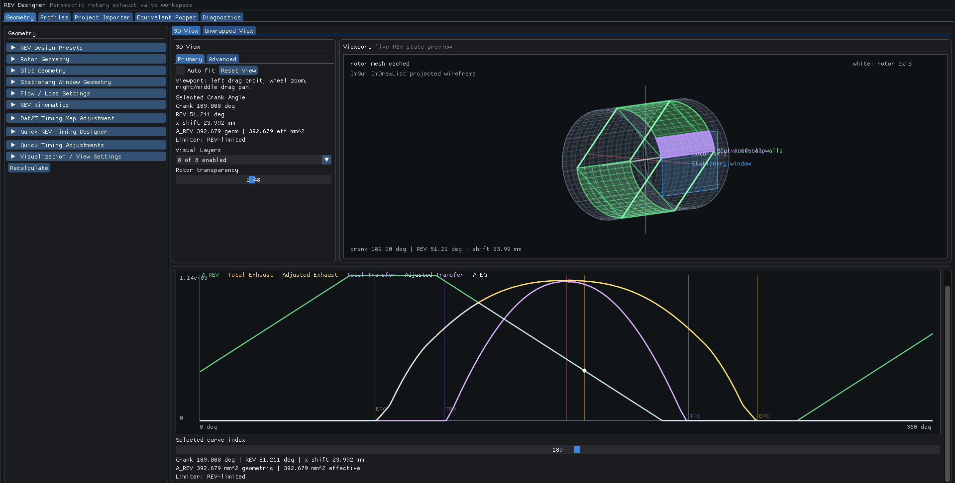 REV Designer home workspace with geometry controls, 3D rotary valve preview, and area graphs.