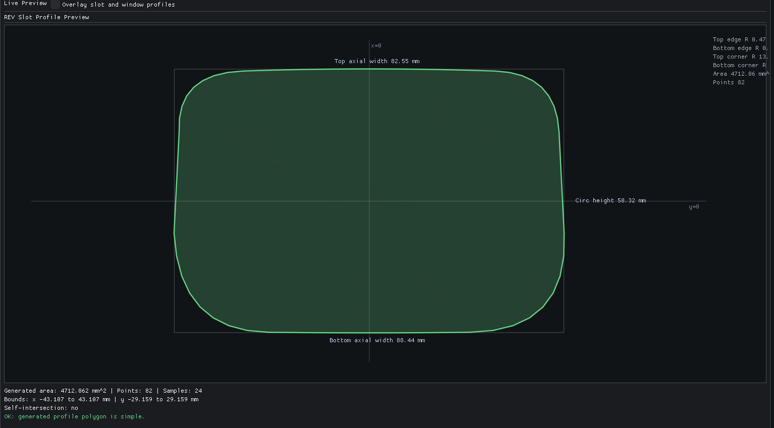 REV Designer profile generator showing a live slot profile preview and generated area data.