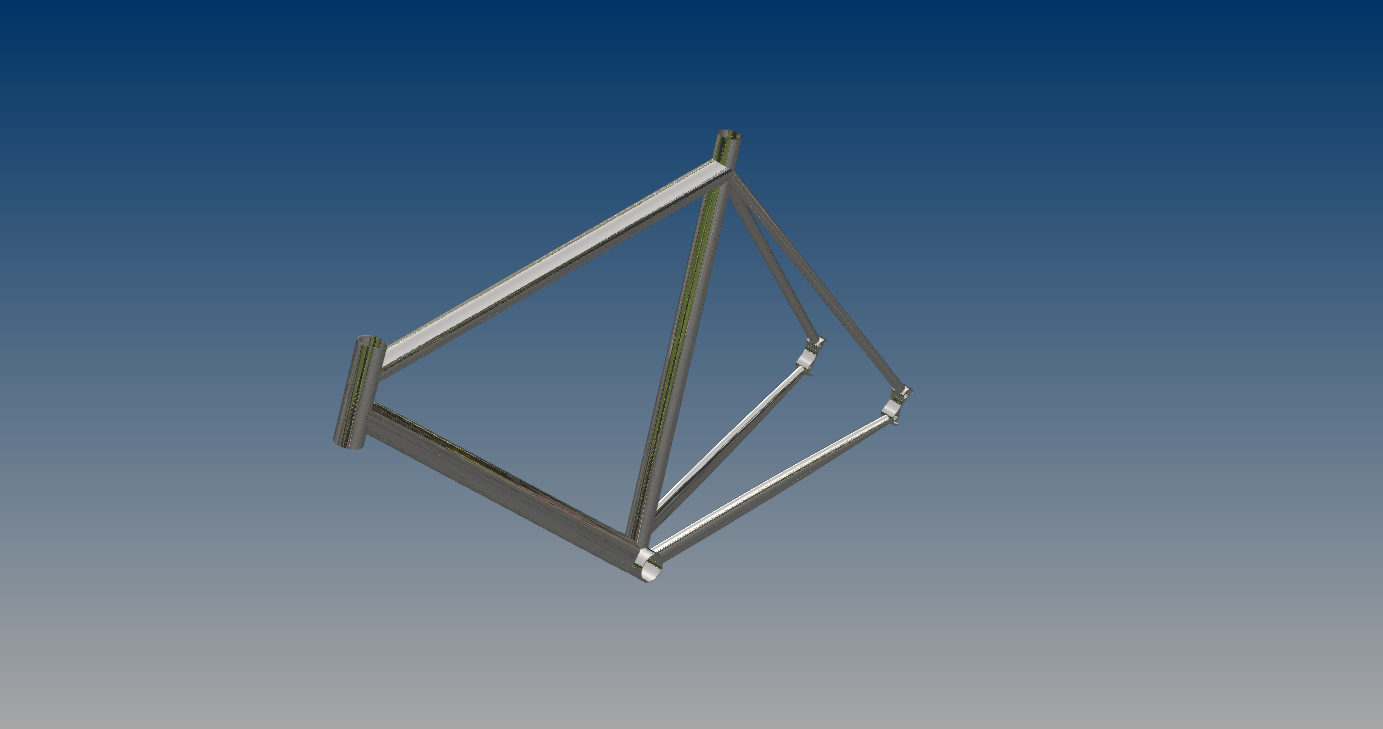 Angled CAD view of the road bike frame assembly.