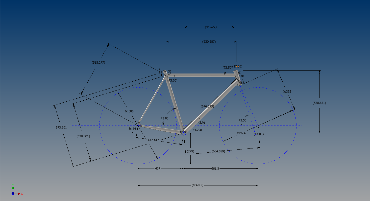 Road bike frame geometry CAD screenshot with wheelbase, angles, and frame dimension callouts.
