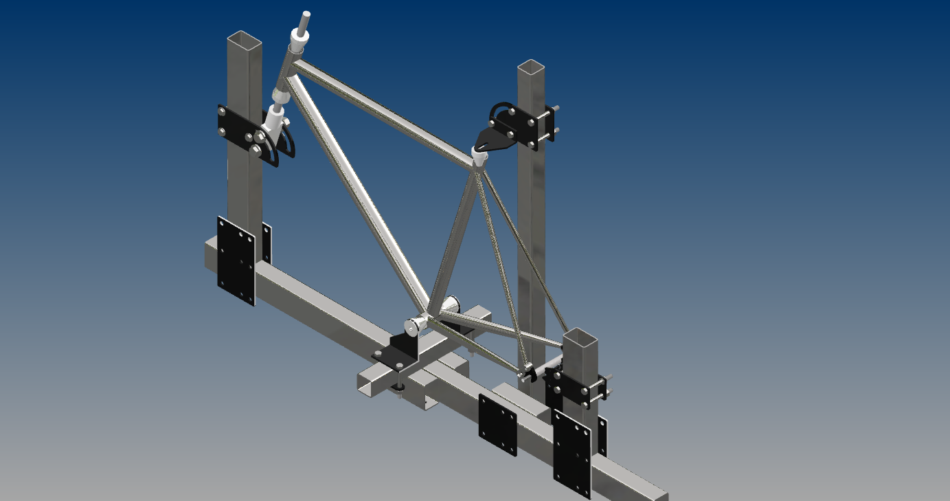 Angled CAD view of the road bike frame held in a fabrication jig.