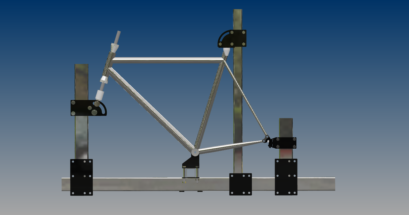 Side CAD view of the road bike frame held in a fabrication jig.